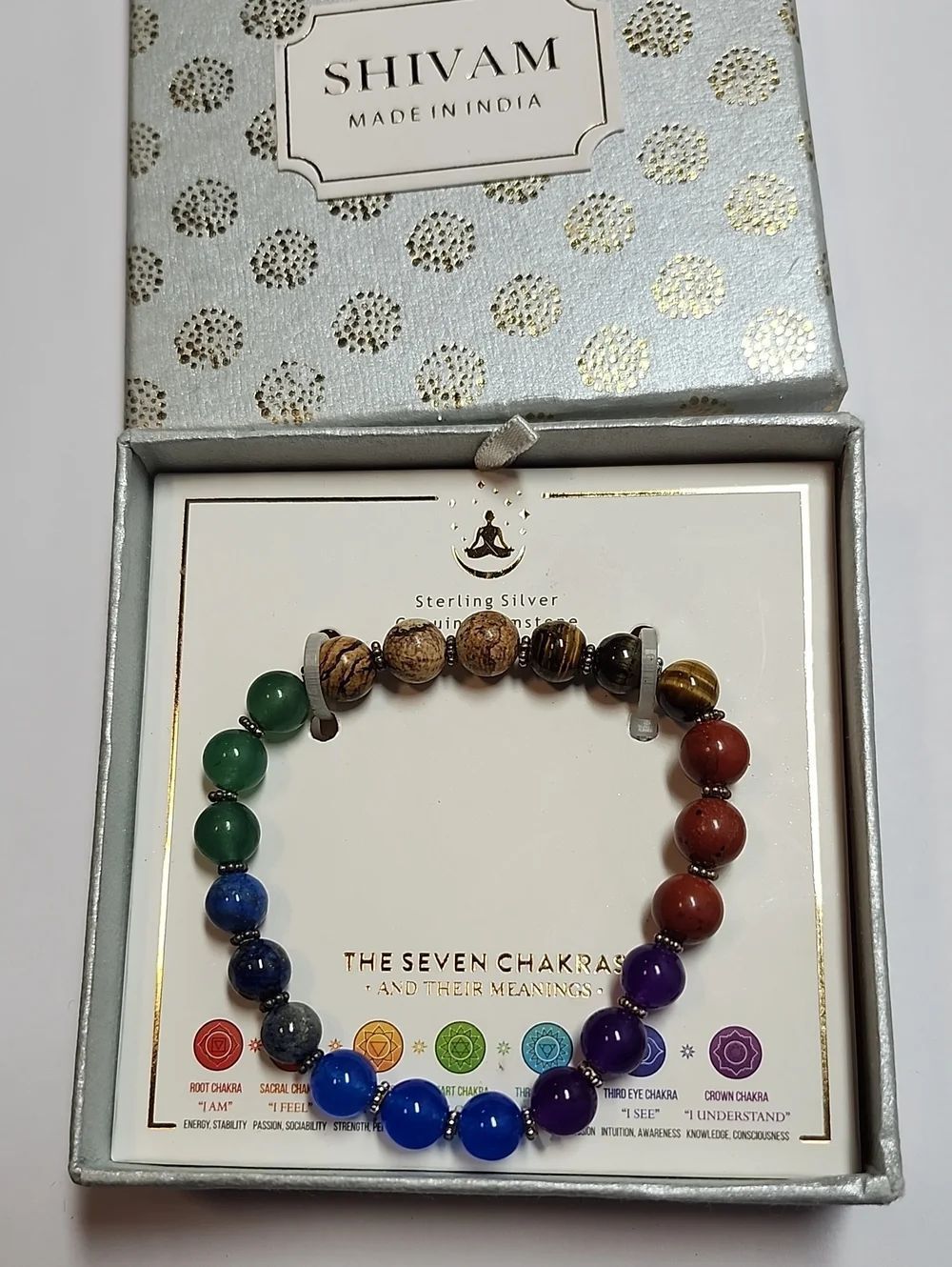 Shivam Sterling Silver Seven Chakra Beaded Stretch Bracelet Genuine Gemstones